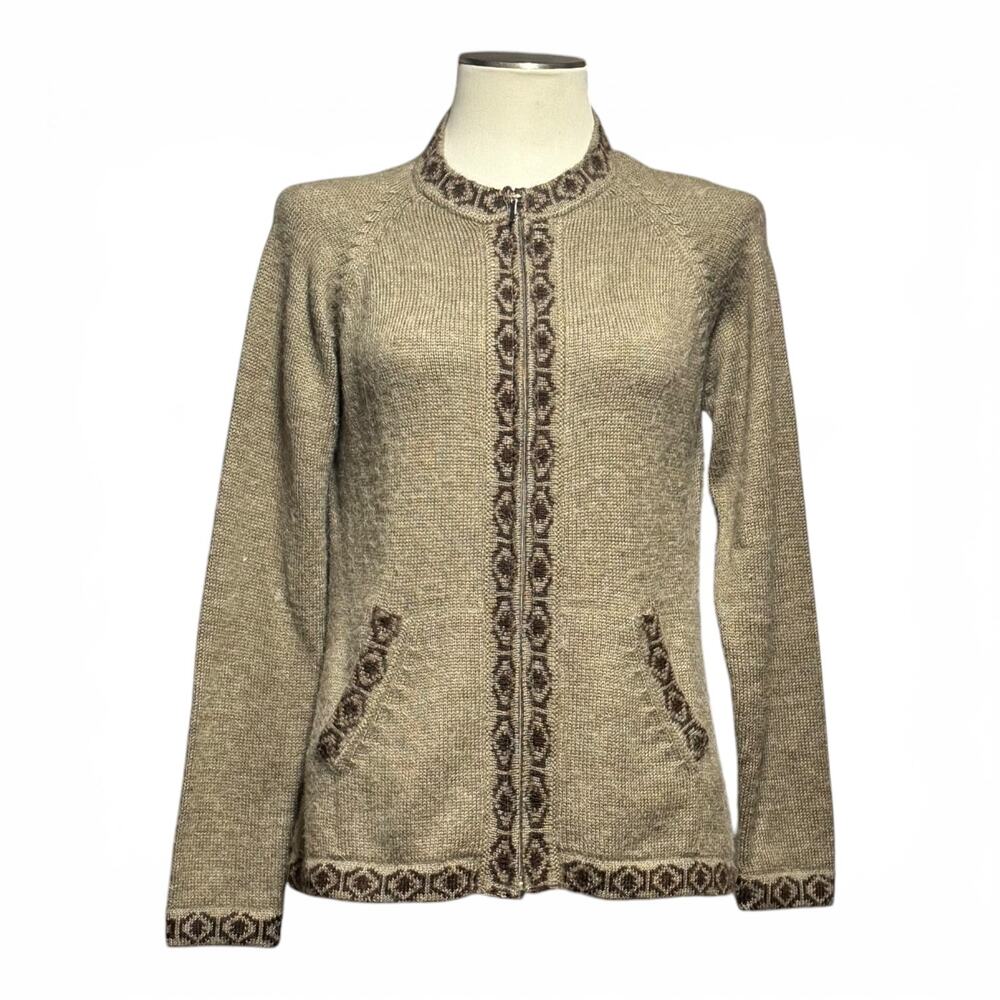 The Alpaca Connection Zip Up Cardigan Sweater Tan Brown XL